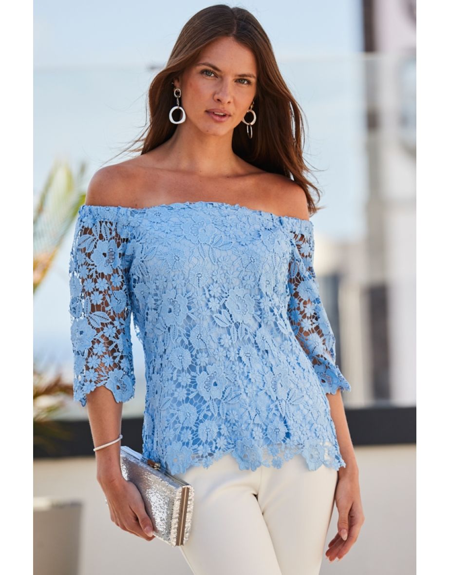 Powder Blue Luxe Lace Bardot Top - 4