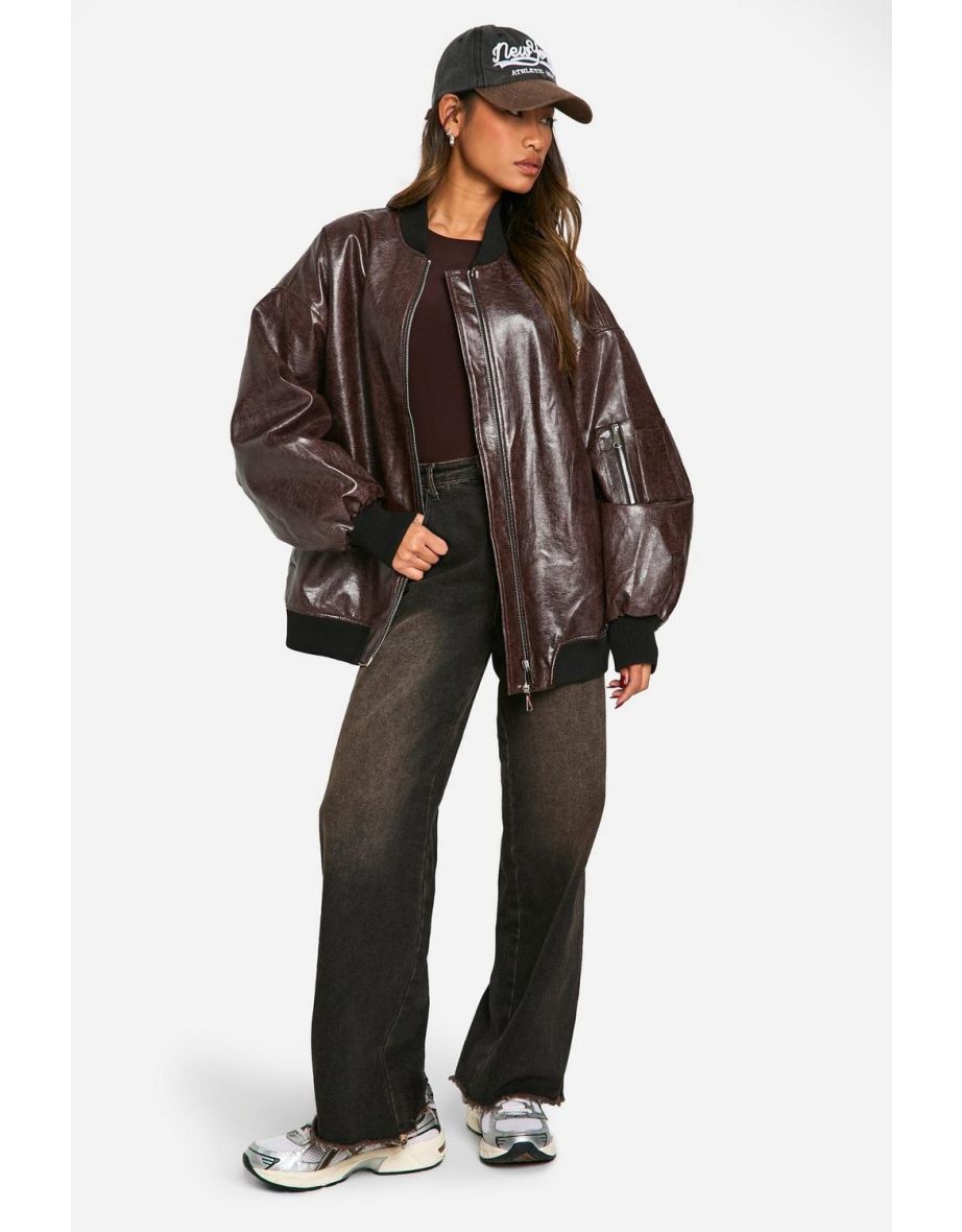 Cracked Faux Leather Oversized Bomber Jacket - burgundy
