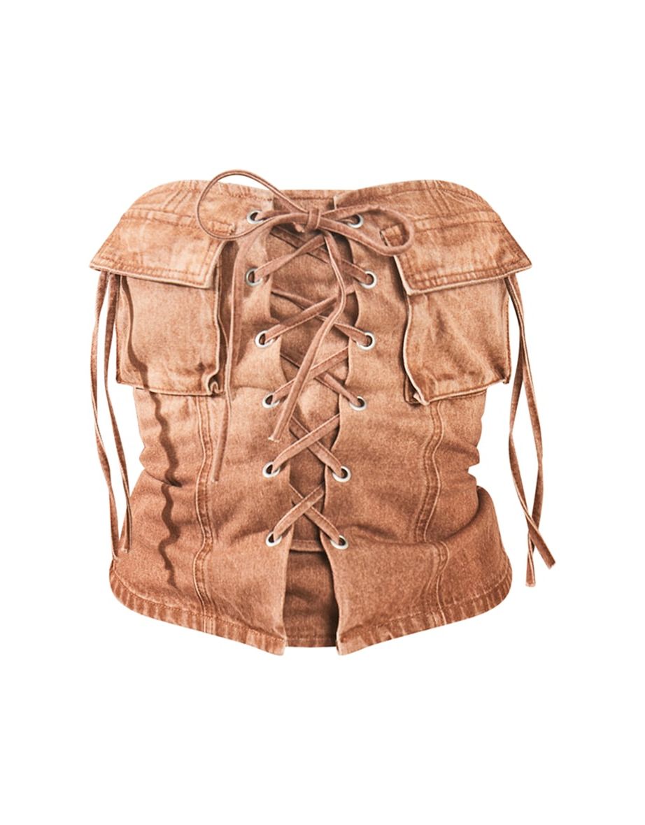 Brown Denim Lace Up Front Corset Top - 4