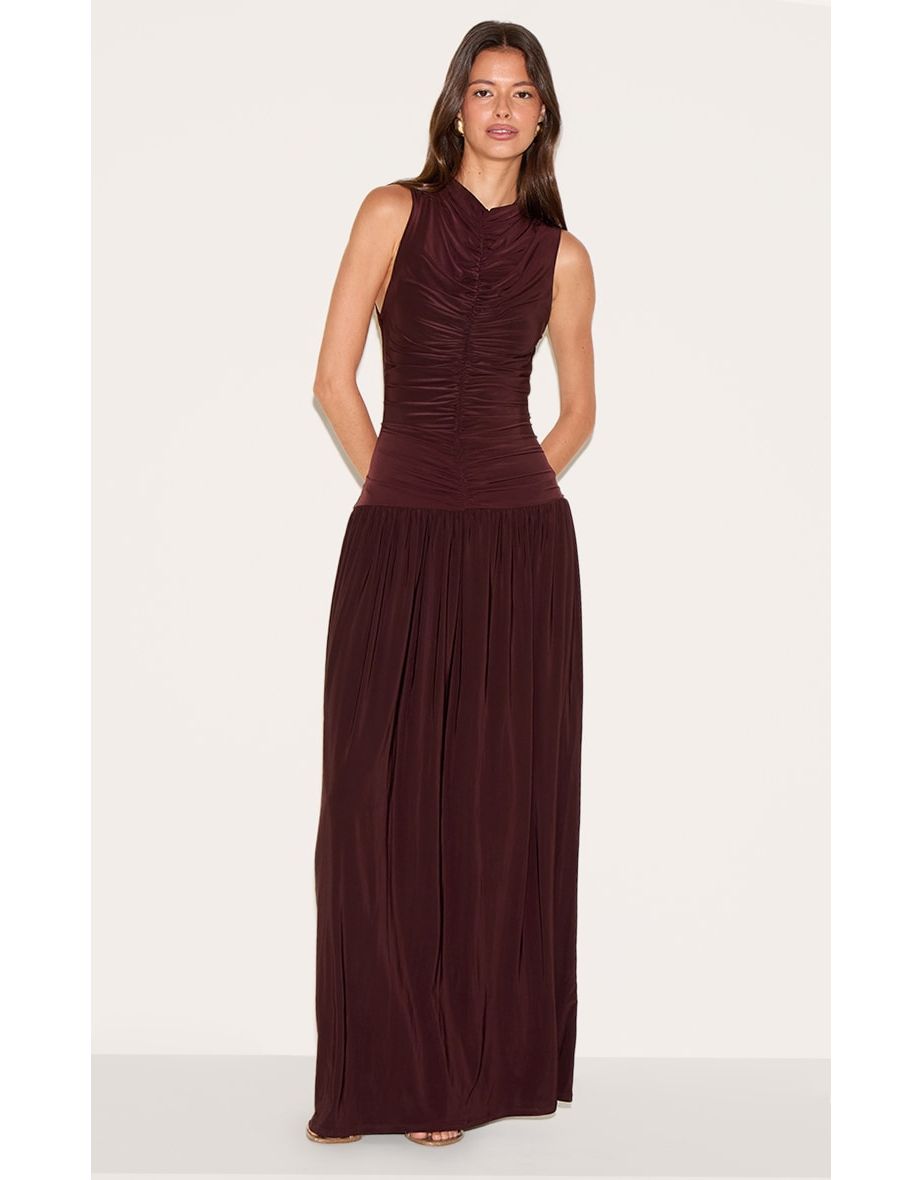 Chocolate Double Layer Soft Touch Drop Waist Ruched Maxi Dress