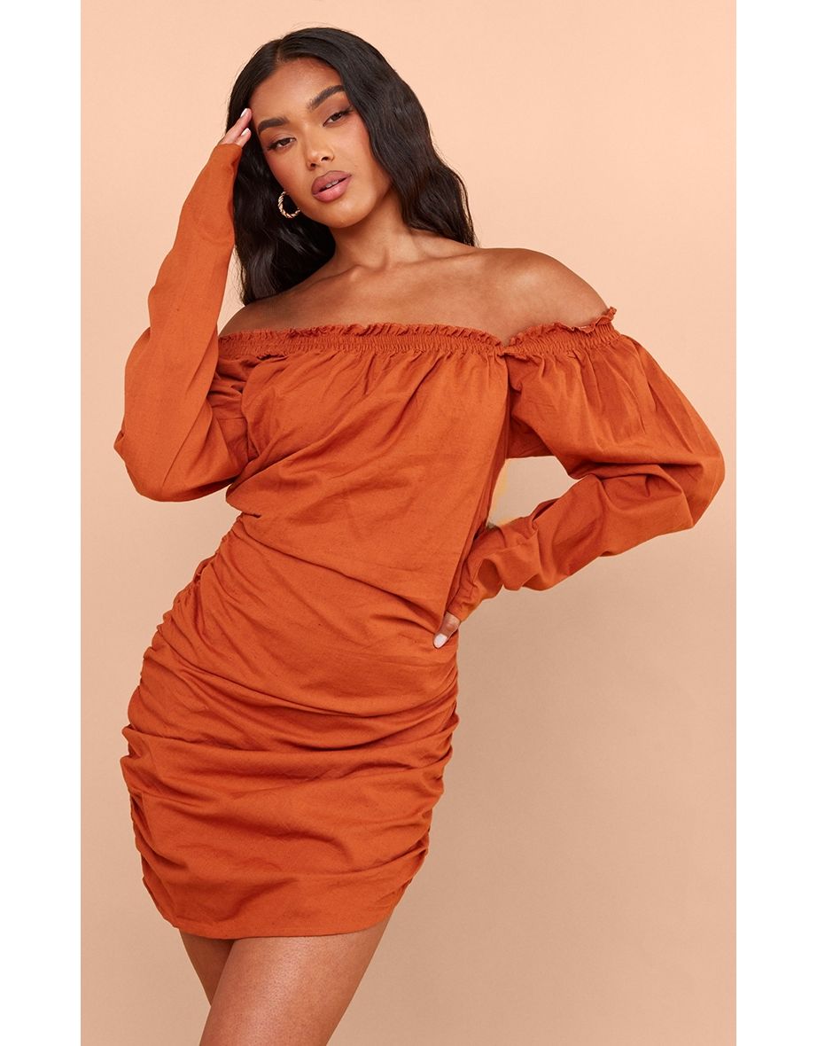 Ruched bardot bodycon dress on sale