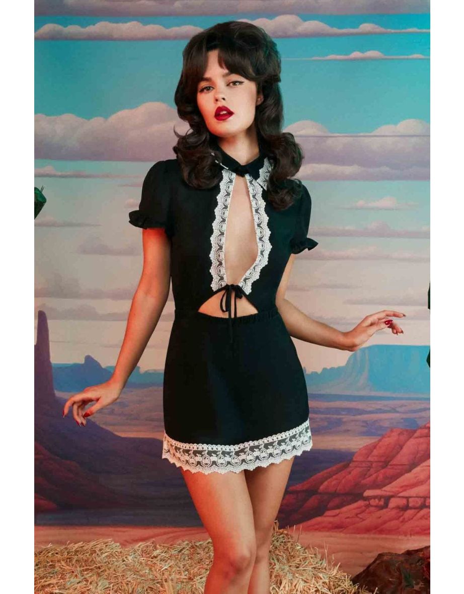 Florence Black Lace and Chiffon Vintage Puff Sleeve Babydoll