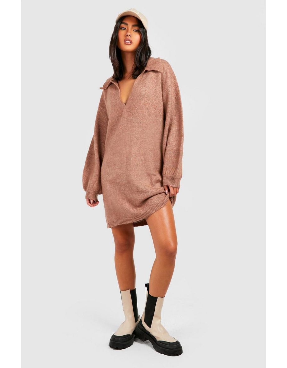 Shop Polo Neck Oversized Knitted Jumper Dress camel Online in Oman VogaCloset