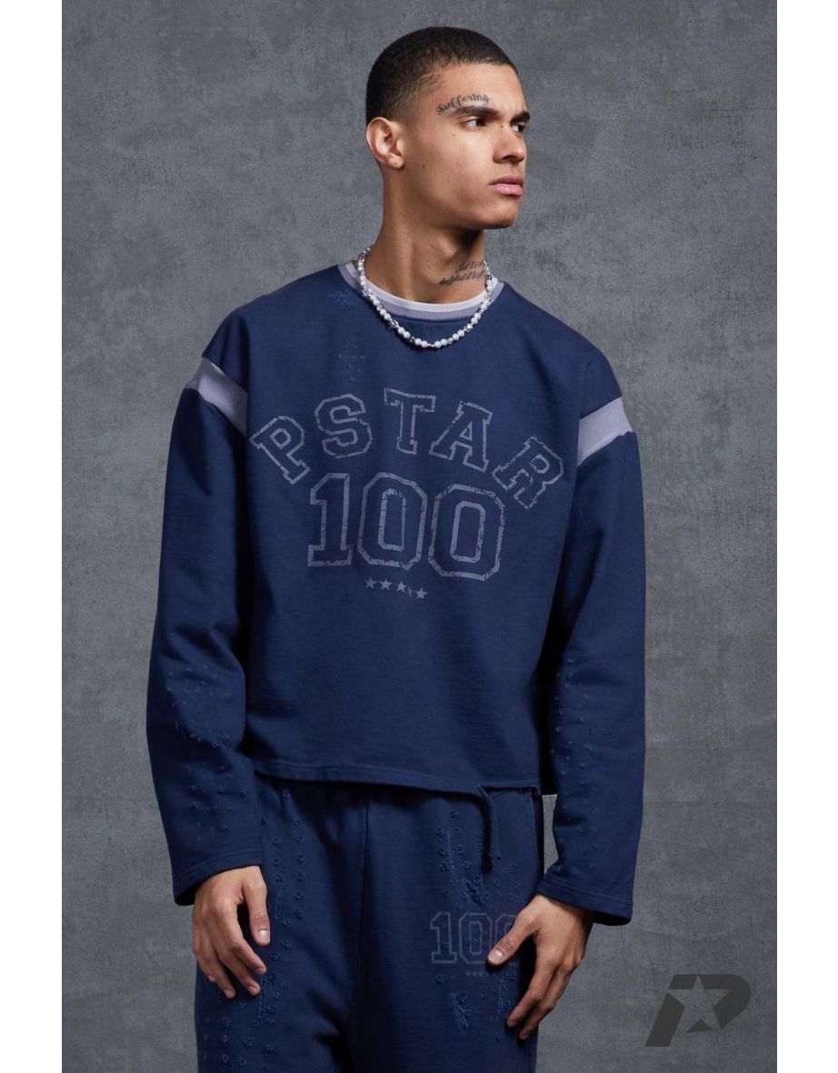 Shop Gunna Oversized Cropped Sweatshirt with 100 Print navy Online in Saudi Arabia VogaCloset
