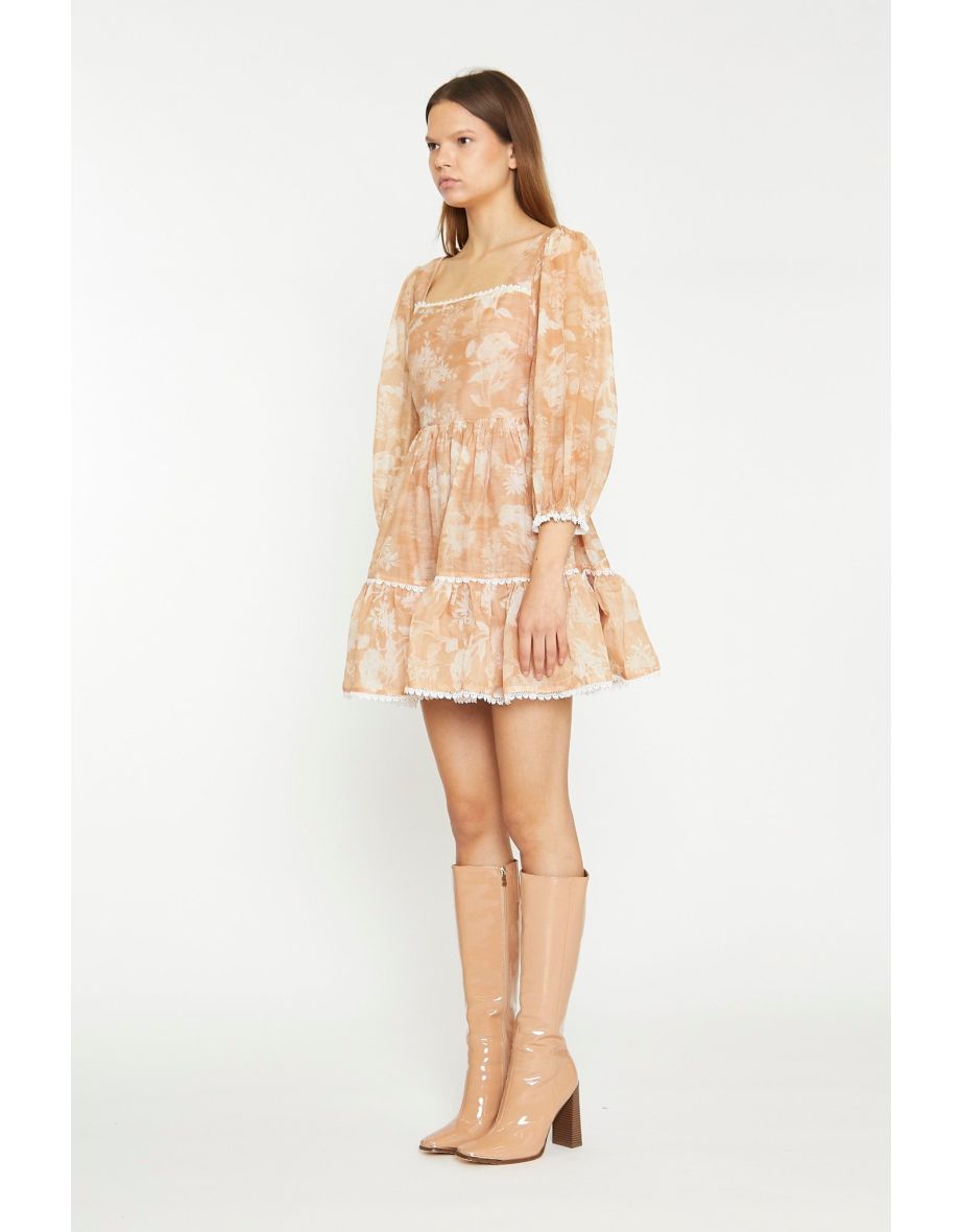 Tan White Floral Tiered Mini-Dress - 3
