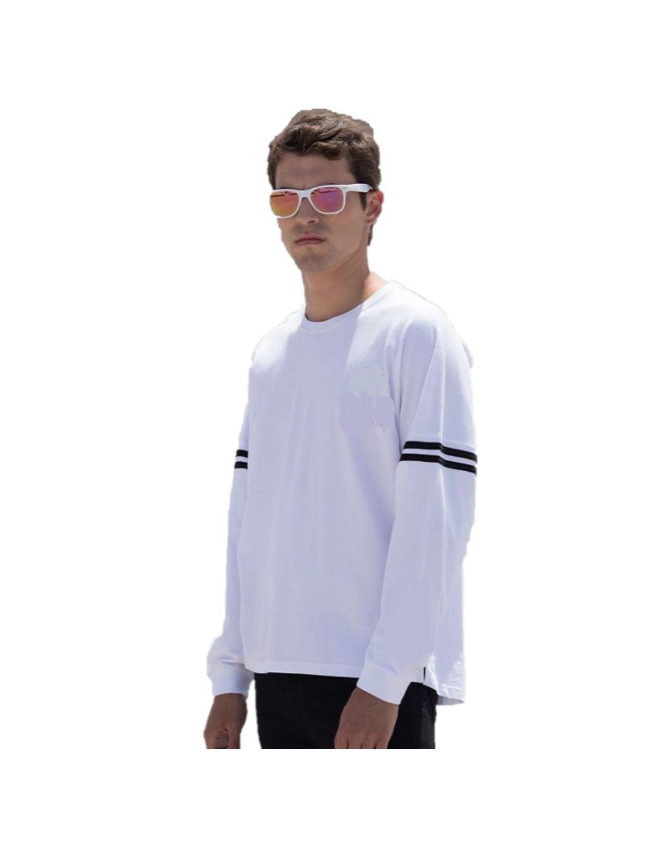 Skinnifit Mens Drop Shoulder Slogan Top - White /Black Stripes - 1