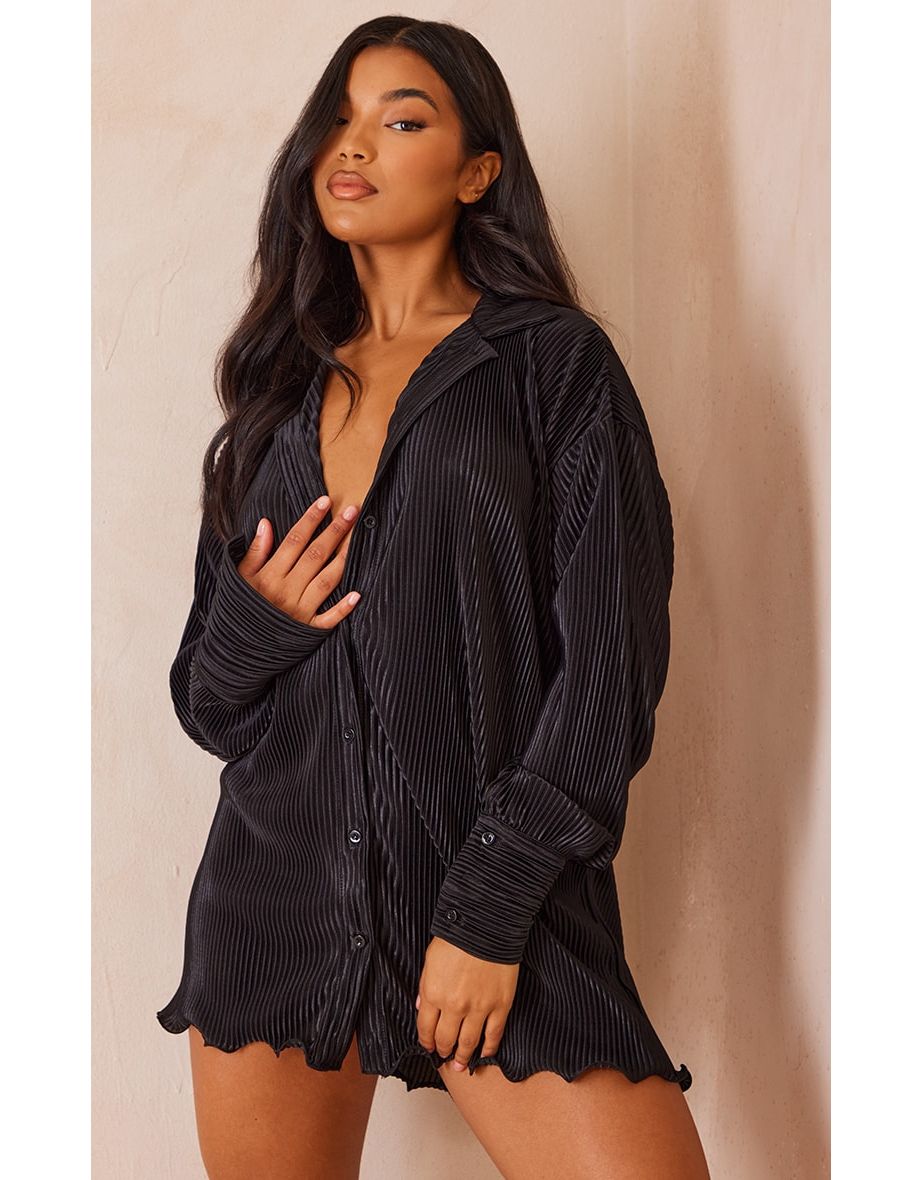 Black Plisse Frill Hem Shirt Dress
