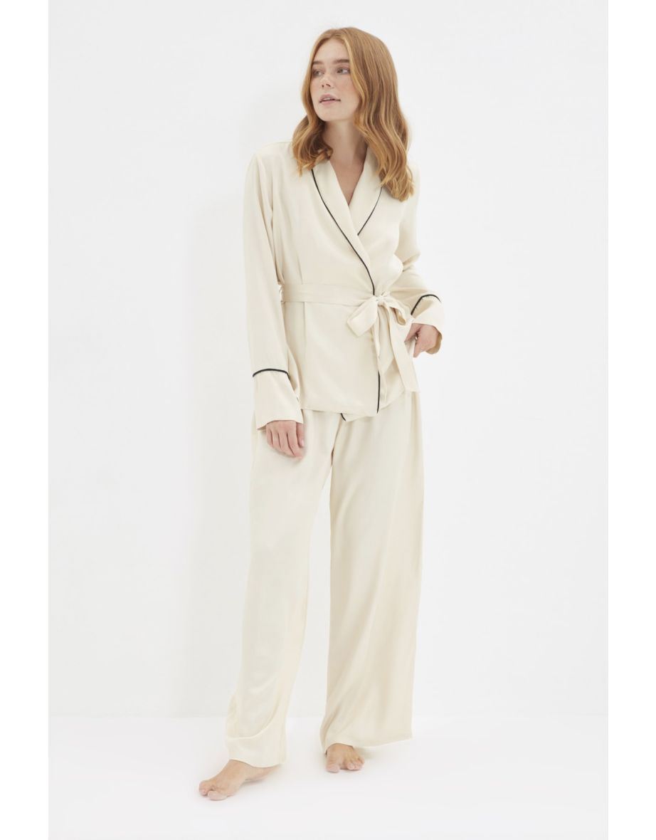 Shop Beige Piping Detailed Double breasted Viscose Shirt Pant Woven Pajamas Set Online in Oman VogaCloset