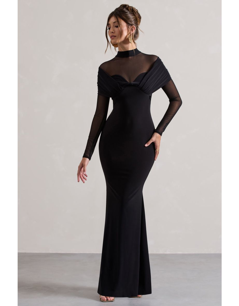 Tasha | Black Mesh High-Neck Long-Sleeve Maxi Dress - 4