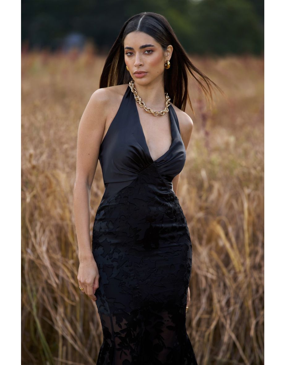 Sunset Tales | Black Satin Devore Plunge-Neck Fishtail  Dress - 9