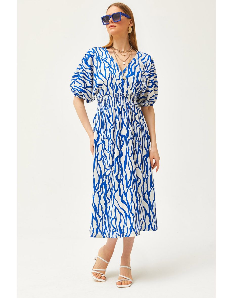 Women's Saks Blue Gipped Waist Double Breasted Collar Midi Dress