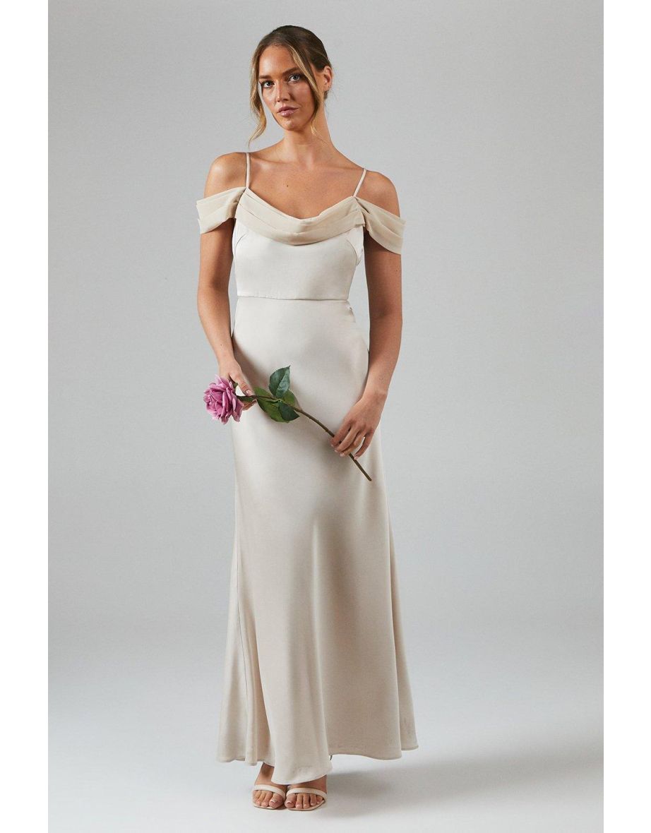 Cowl Neck Cold Shoulder Satin Bridesmaids Dress