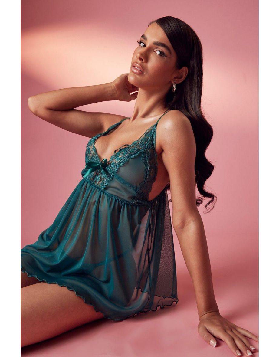 Mesh and Lace Babydoll and String Set - emerald - 3