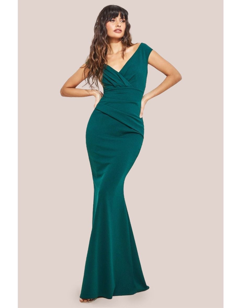 Goddiva Bardot Pleated Maxi Dress - Emerald Green