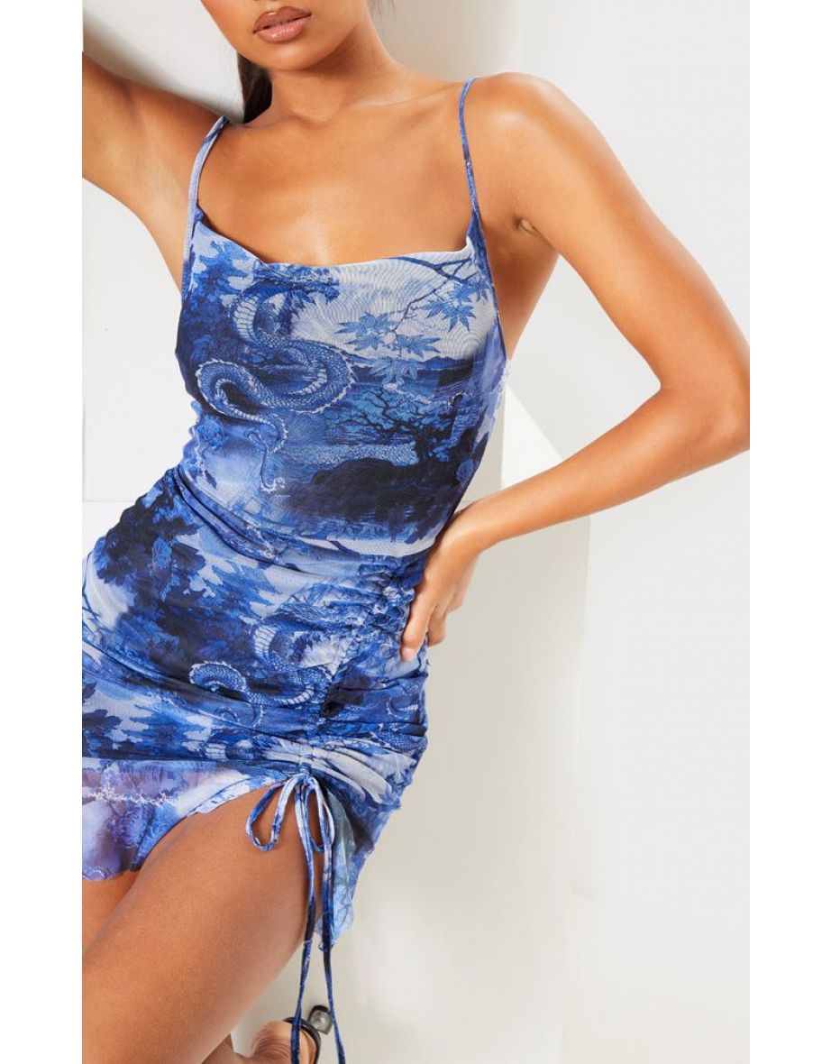 Blue Mesh Oriental Print Ruched Bodycon Dress - 4