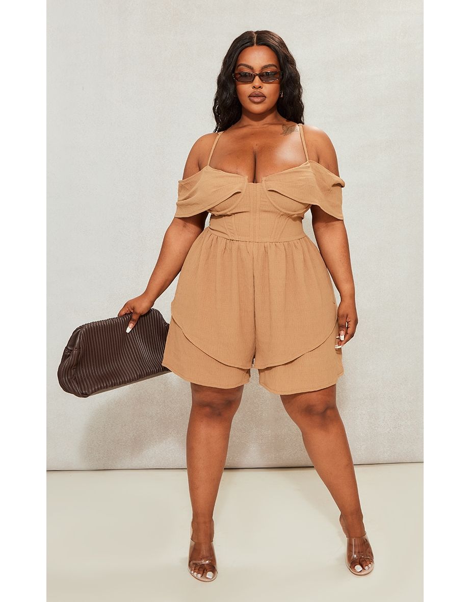 Shop Plus Camel Textured Corset Playsuit Online in Oman VogaCloset