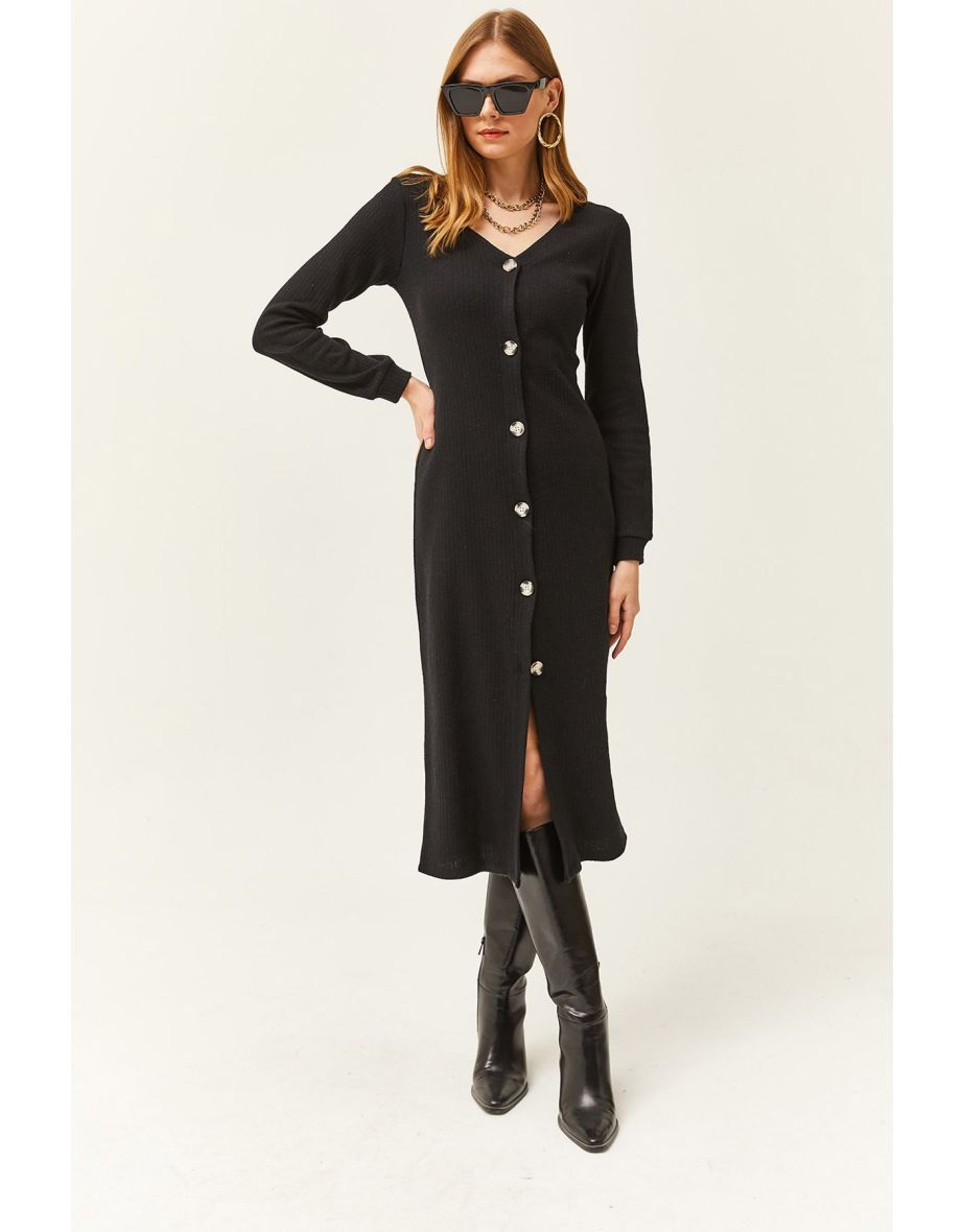 Women's Black V-Neck Buttoned Thick Ribbed Midi Dress - 4