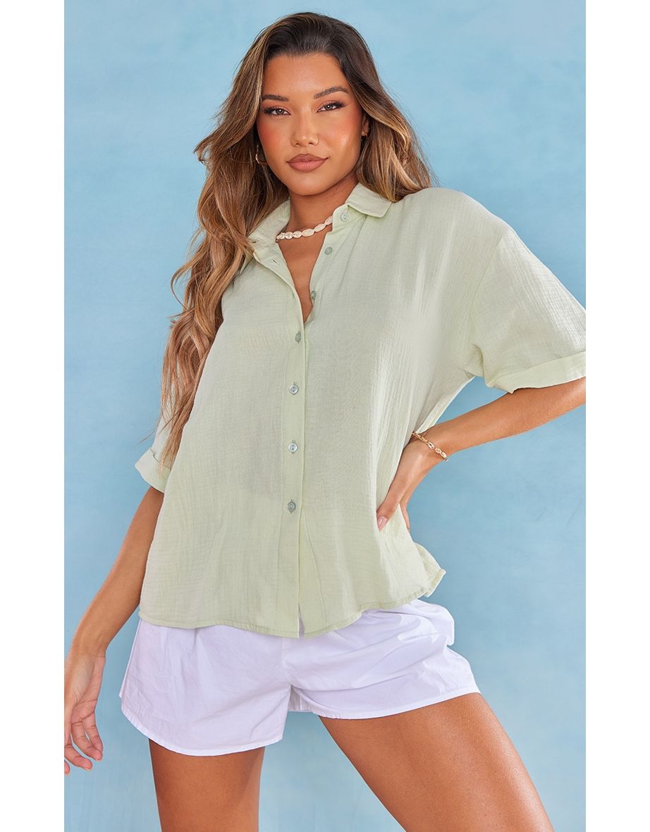 Sage Green Cheesecloth Textured Oversized Boxy Shirt