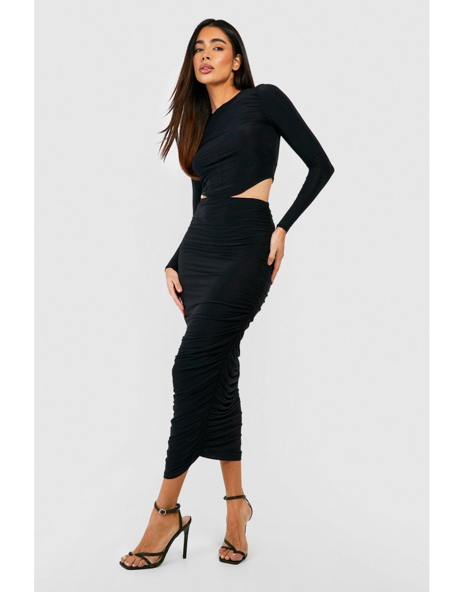 Long Sleeve Corset Crop & Ruched Midi Skirt - black