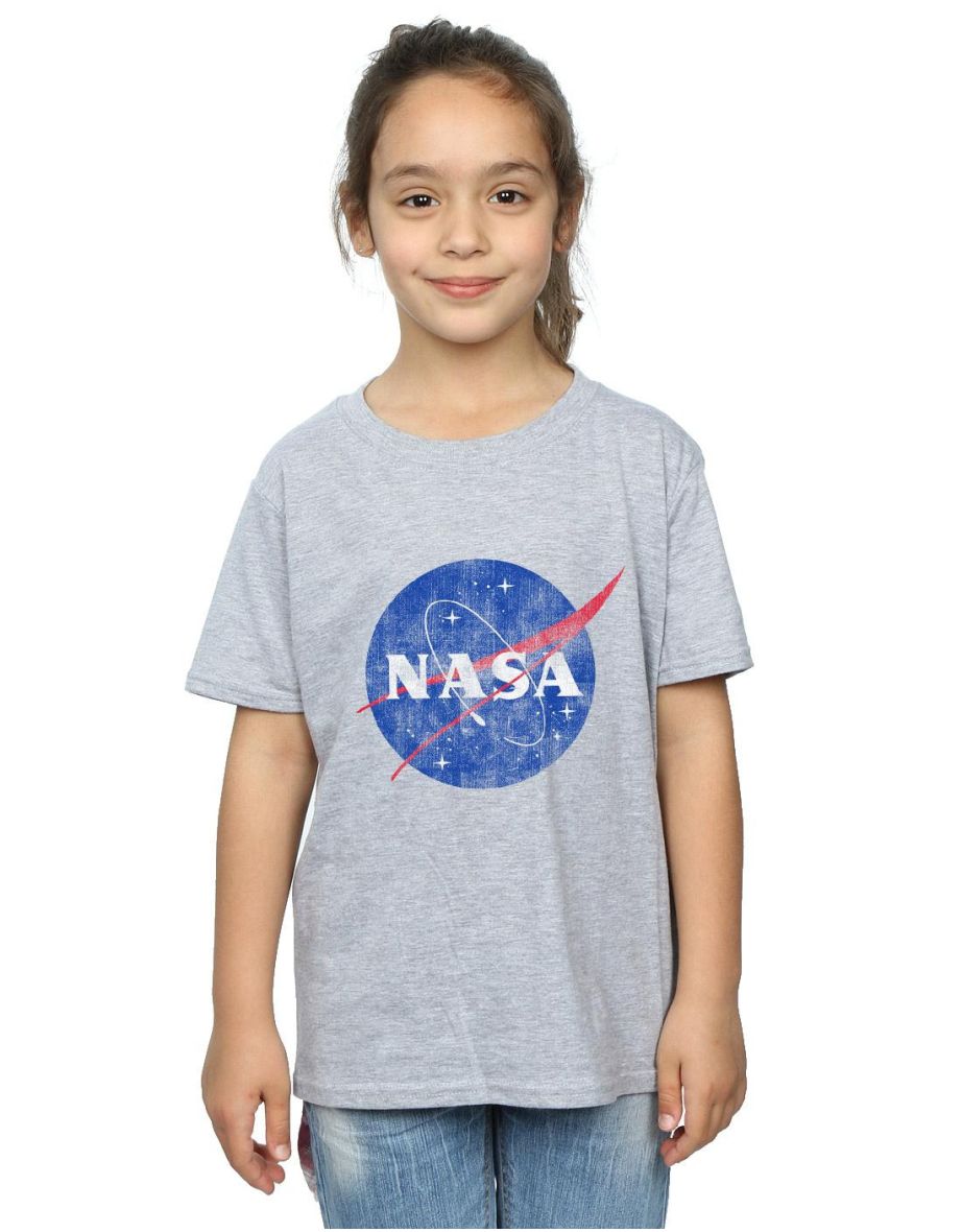 NASA Girls Classic Insignia Logo Distressed Cotton T-Shirt - Sports Grey
