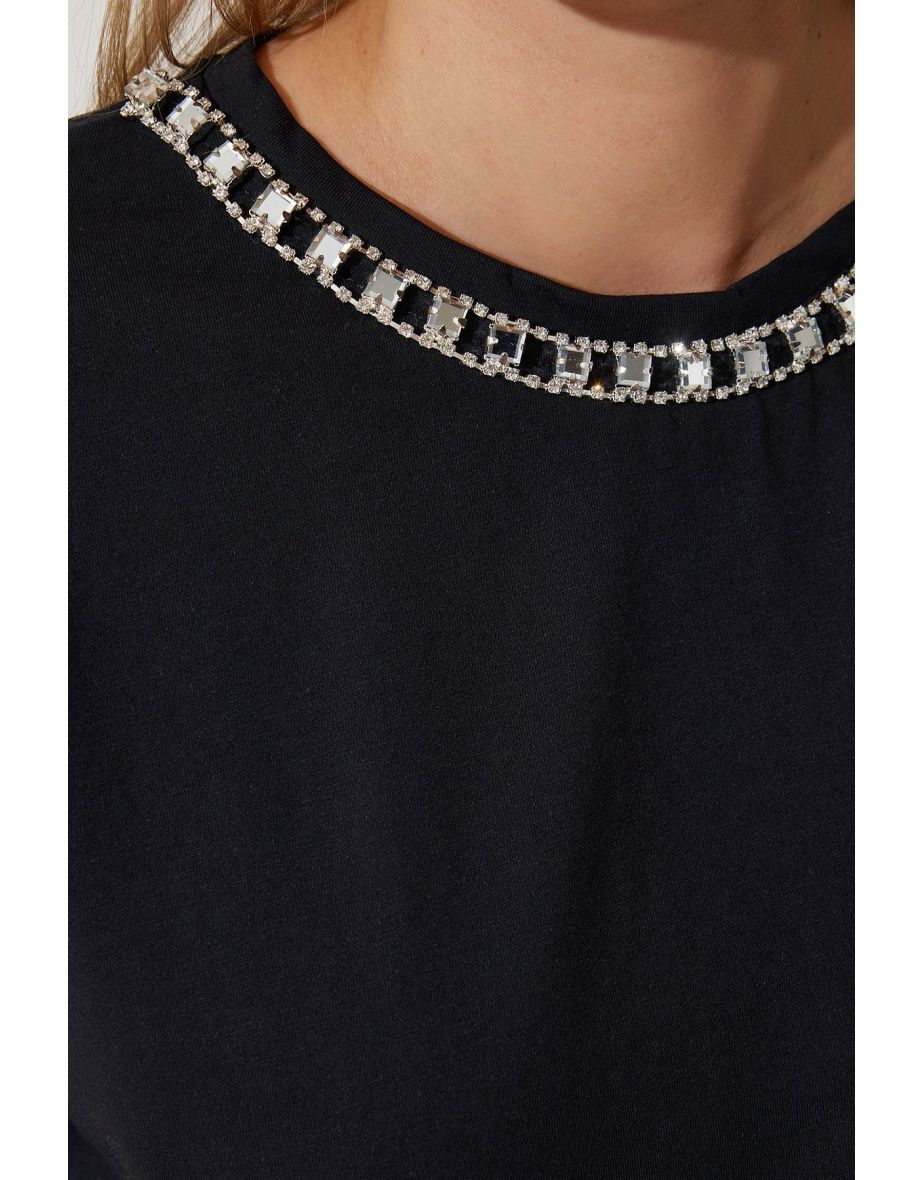 Women's Black Collar Chain Necklace 100% Cotton Knitted T-Shirt - 4