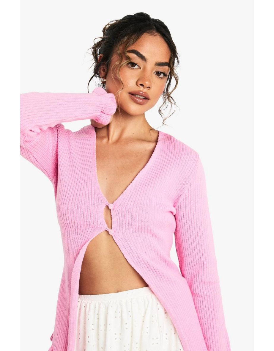 Soft Knit Lettuce Hem Button Cardigan - pink - 3