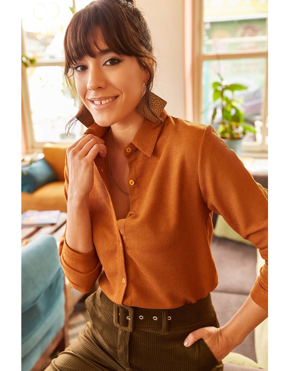 Women's Tan Slim Corduroy Corduroy Shirt