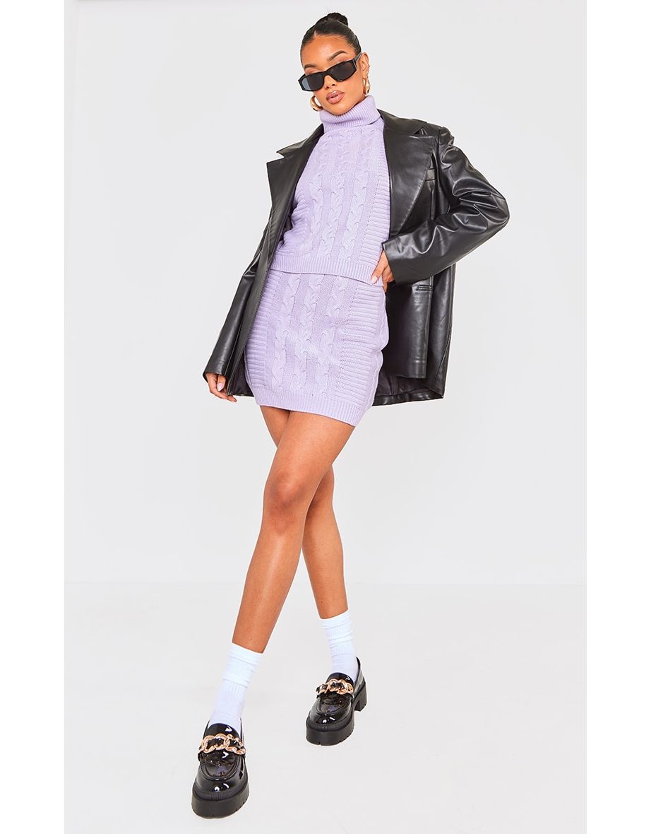 Shop Lilac Cable Roll Neck Knitted Jumper Cable Knit Skirt Set Online in Bahrain VogaCloset