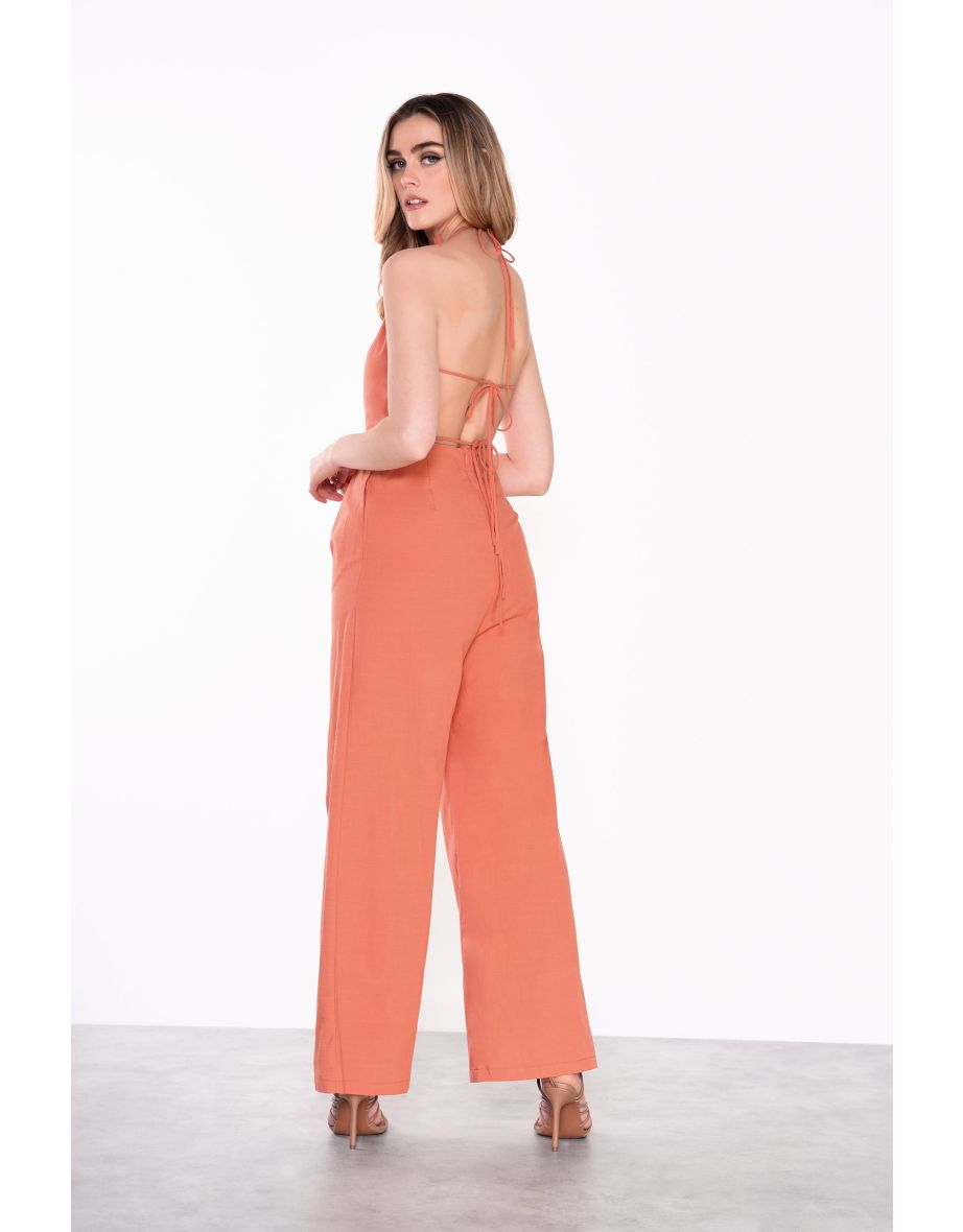 Glamorous Womens Orange Rust Tie Back Wide Leg Jumpsuit - 2