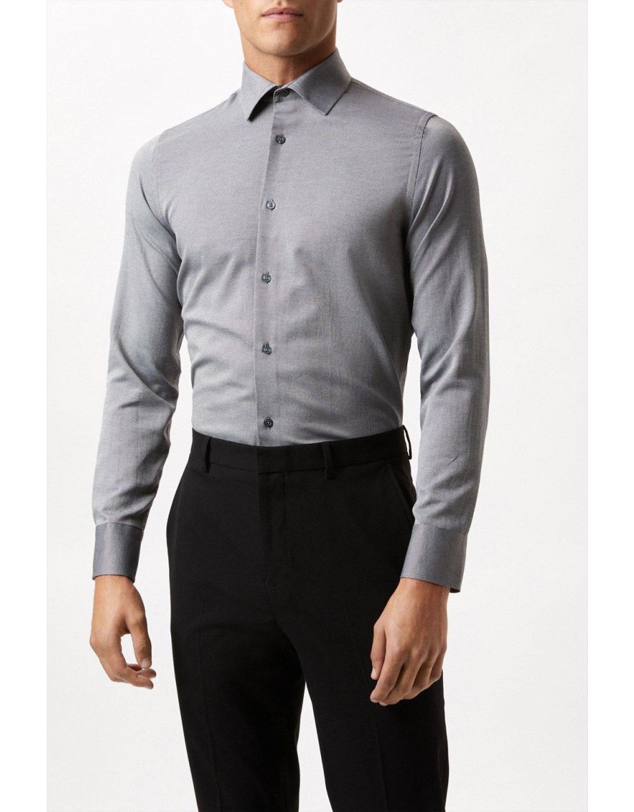 Long Sleeve Slim Charcoal Basket Texture Button Down Shirt