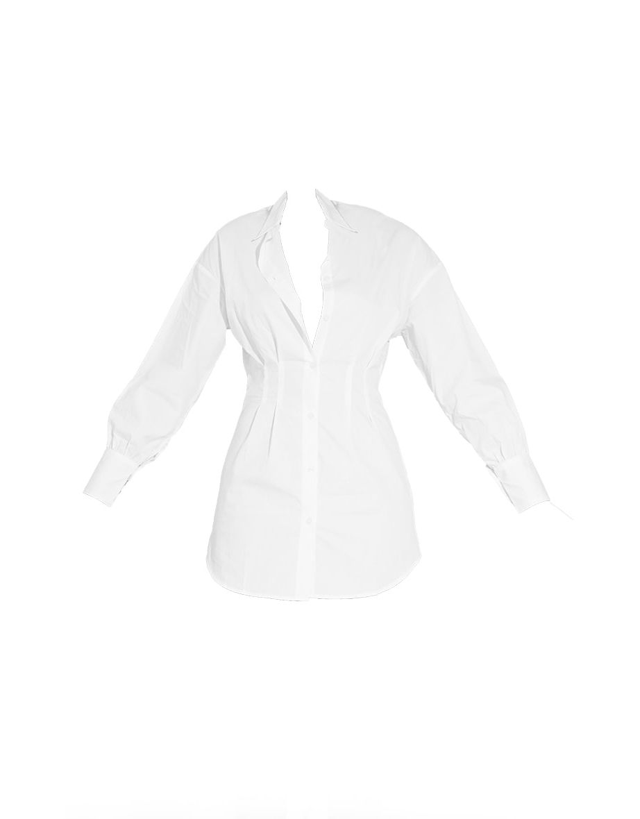 Recycled White Fitted Waist Long Sleeve Button Shirt Dress - 4