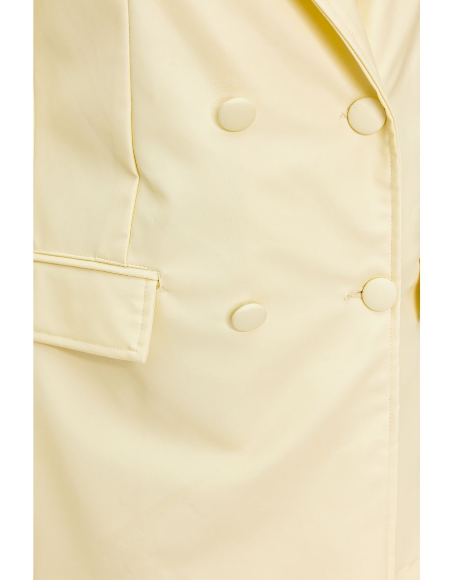 Light Yellow Double Breasted Closure Woven Lining Faux Leather Blazer Jacket - 7