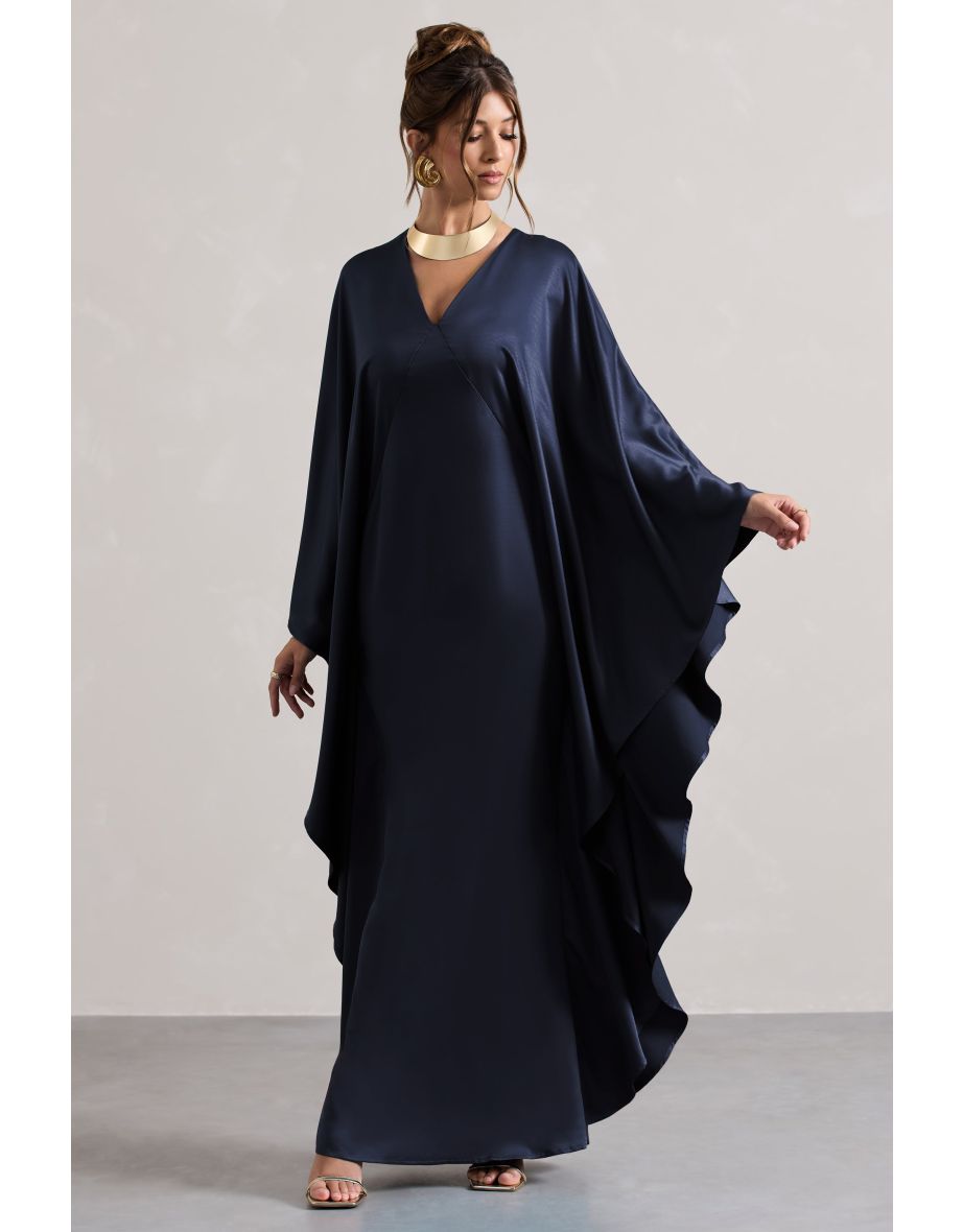 Alohi | Navy Satin Plunge Cape Maxi Dress