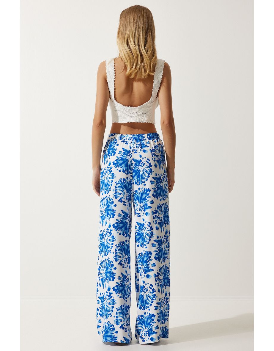 Women Ecru Blue High Waist Summer Wide Viscose Trousers - 6