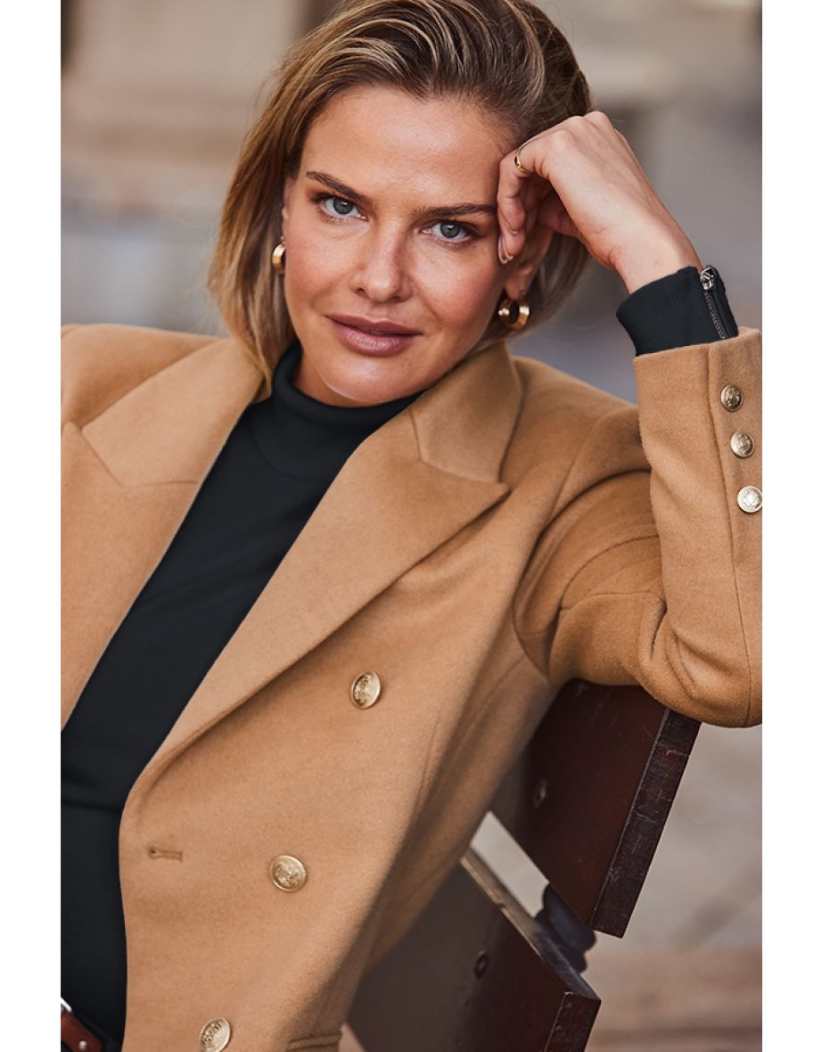 Camel Double Breasted Longline Coat With Gold Button Detail - 4