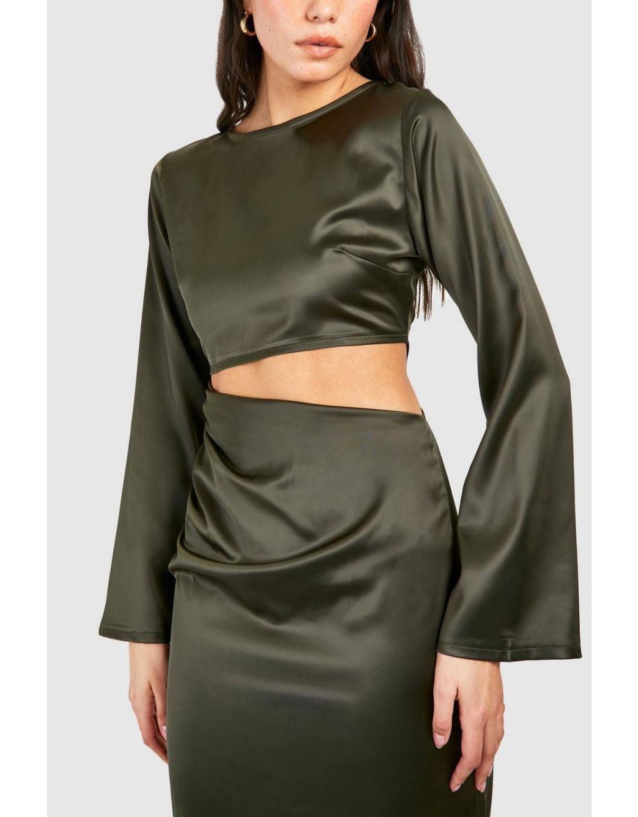 Satin Cut Out Long Sleeve Maxi Dress - khaki - 3