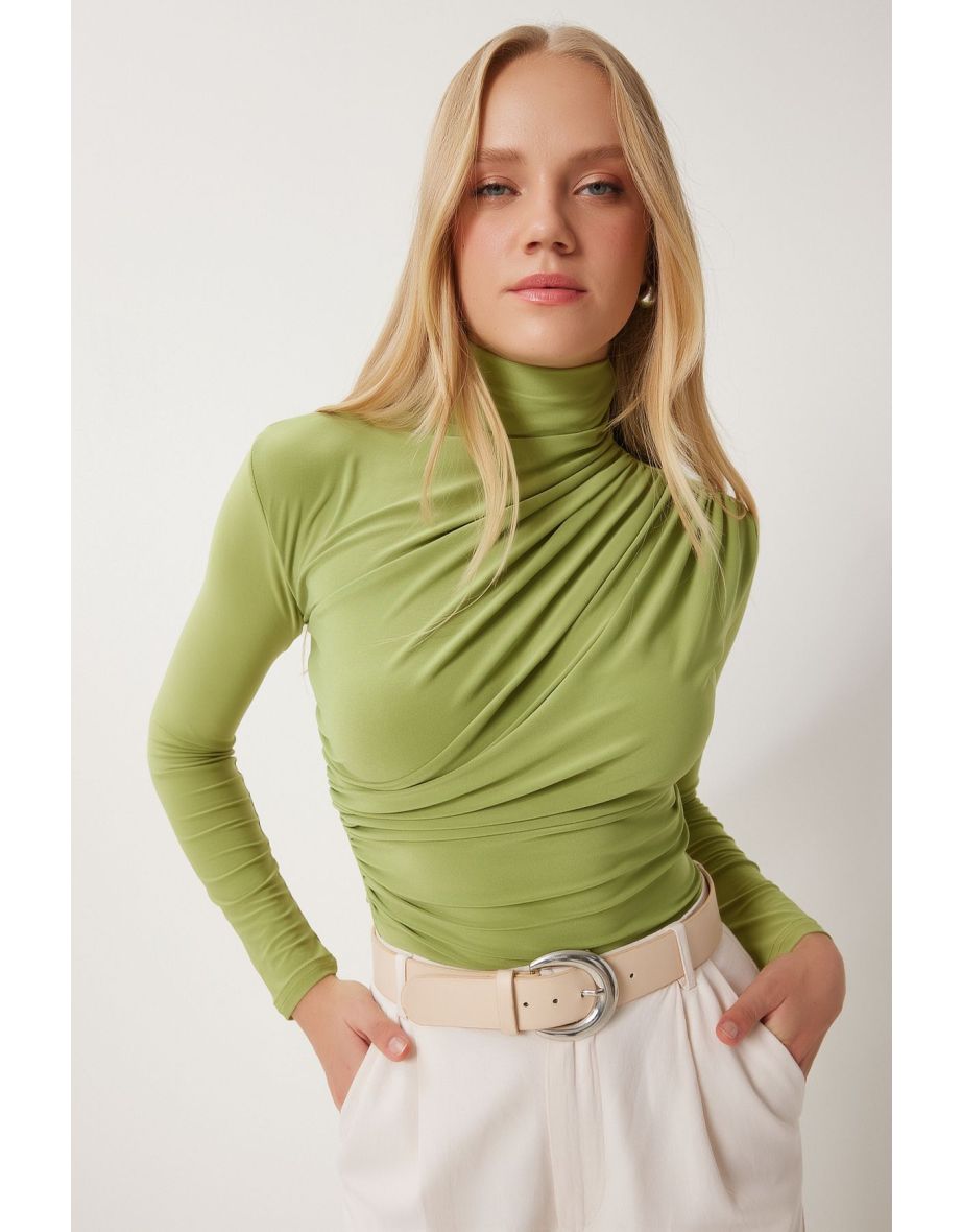 Women's Pistachio Green Gathered Detailed Stand Collar Sandy Blouse