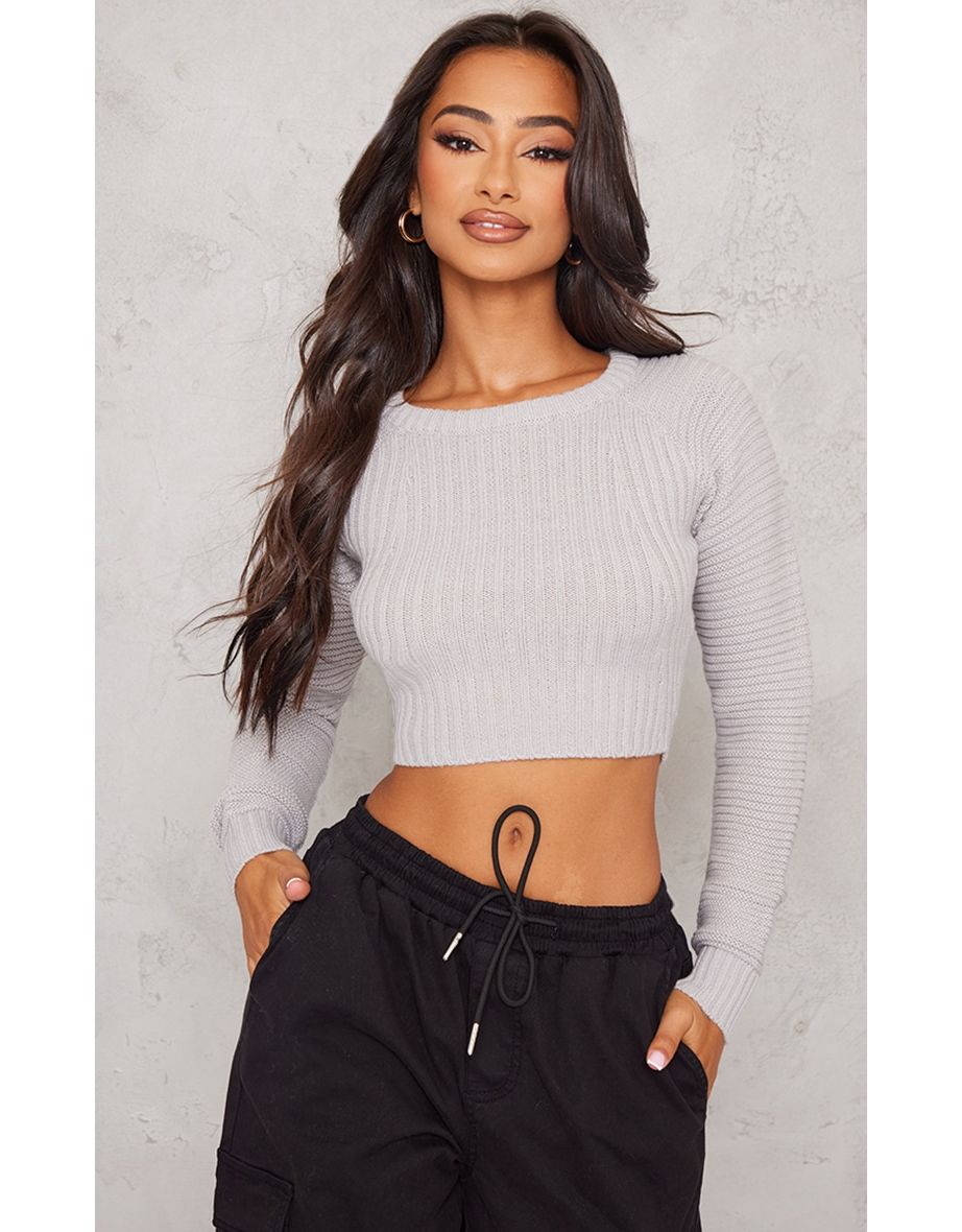 Shop Petite Grey Cropped Knit Jumper Online in Oman VogaCloset