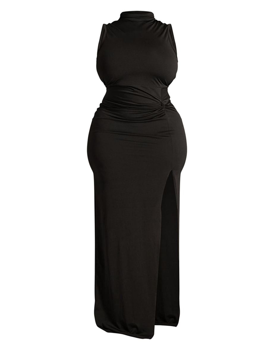 Plus Black High Neck Knot Waist Detail Maxi Dress - 4