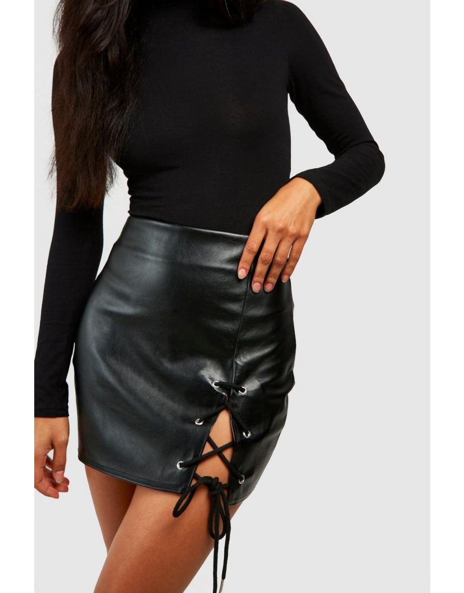 Lace Up Leather Look Mini Skirt - black - 3