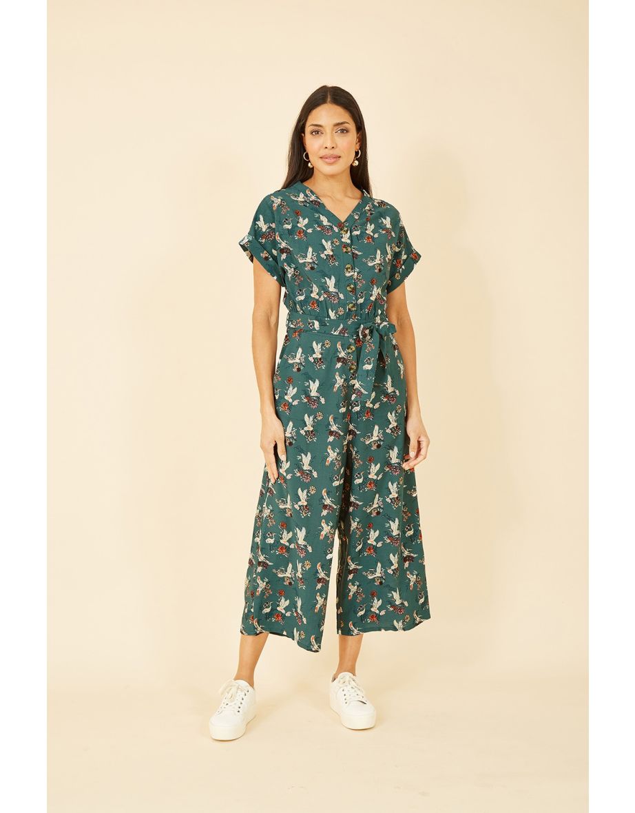 Yumi Teal Crane Print Culotte Jumpsuit