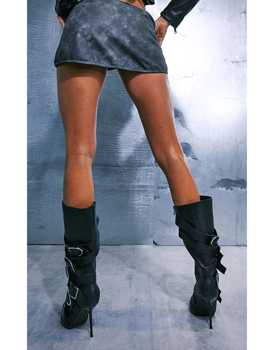 Shop Grey Coated Faux Leather Wrap Mini Skirt Online in Oman