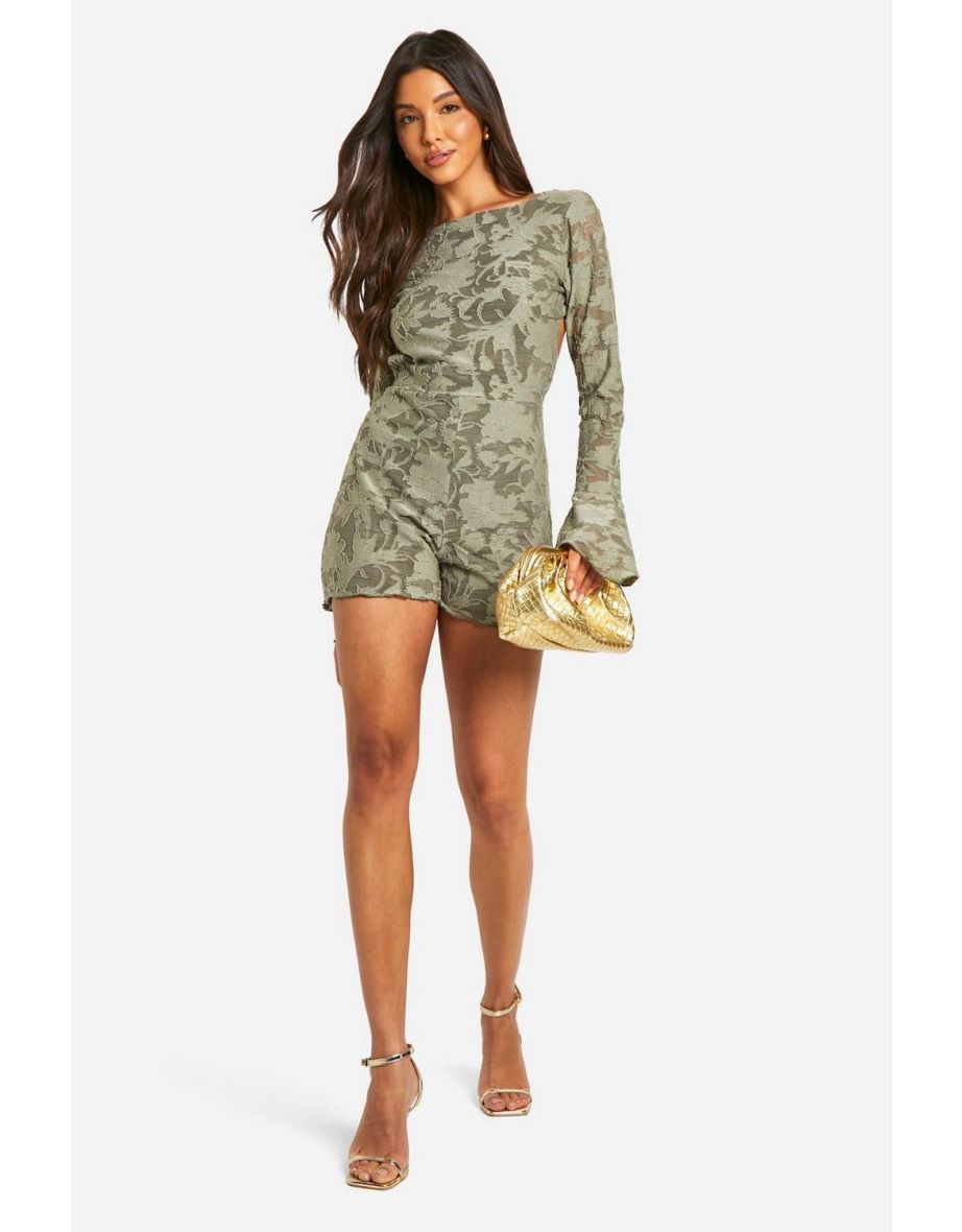 Shop Jacquard Long Sleeve Open Back Playsuit green Online in Qatar VogaCloset