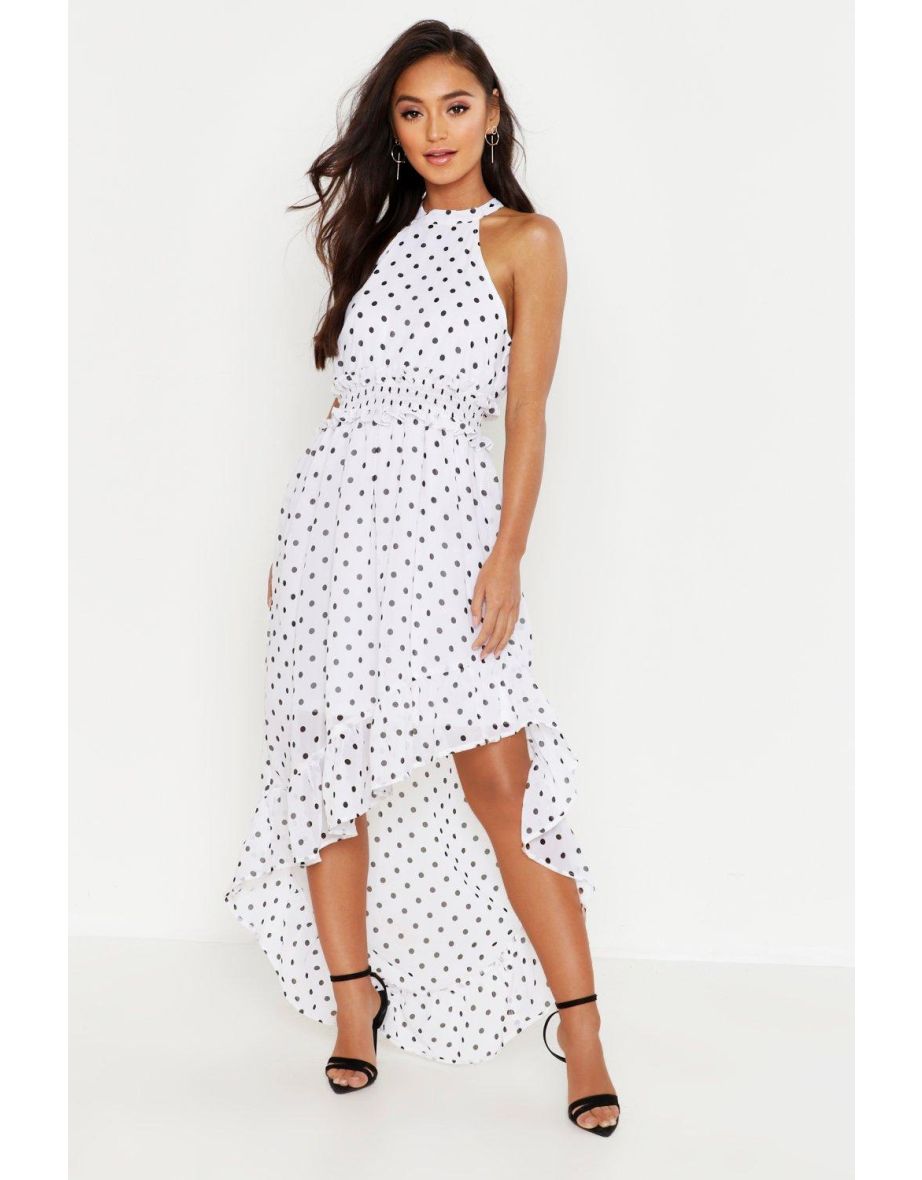 Petite Polka Dot High Neck Shirred Waist Maxi Dress - white