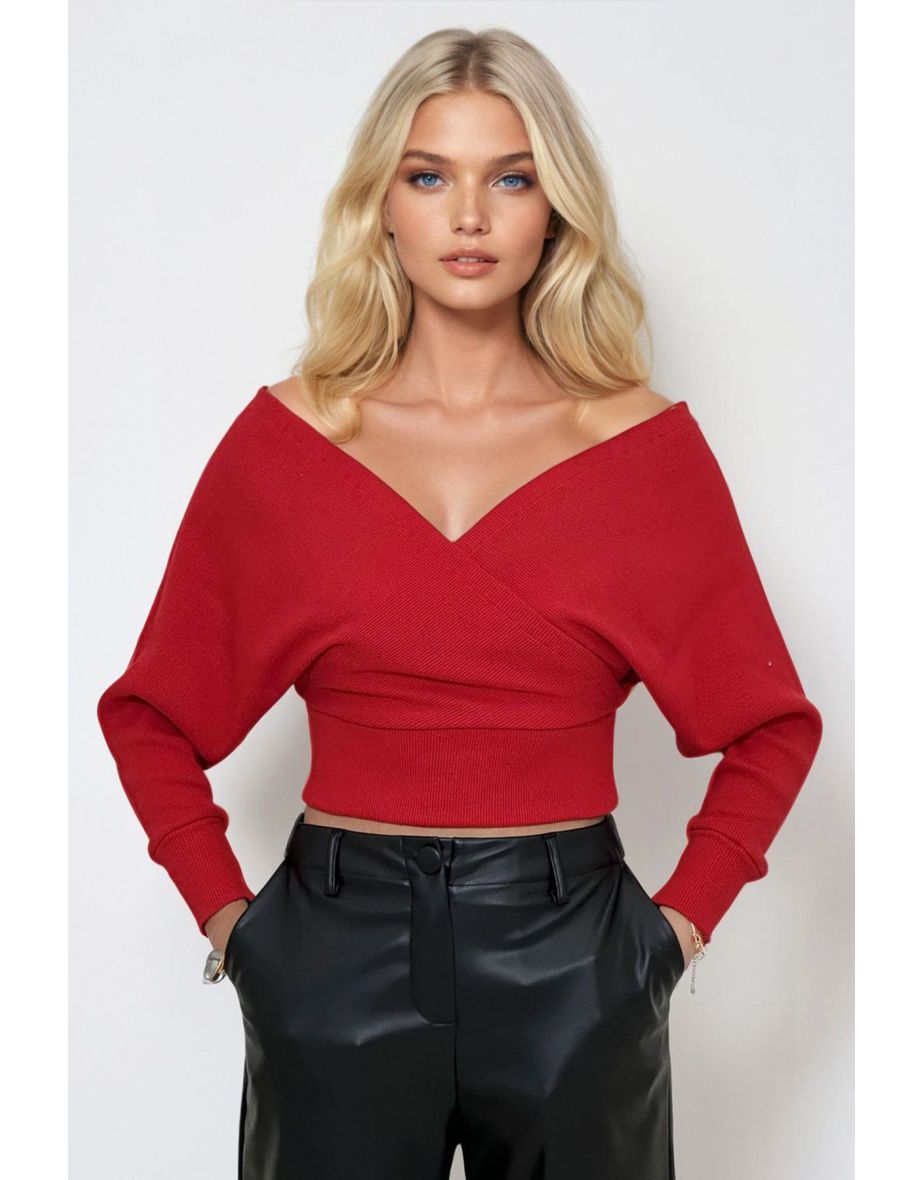 Women's Red Front Back V-Neck Double Breasted Blouse لا