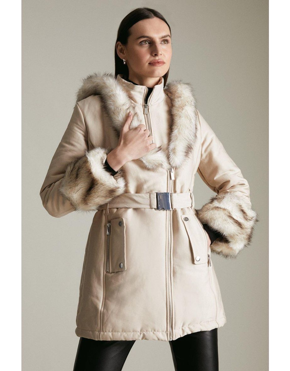 Faux Fur Collar Trim Parka Coat