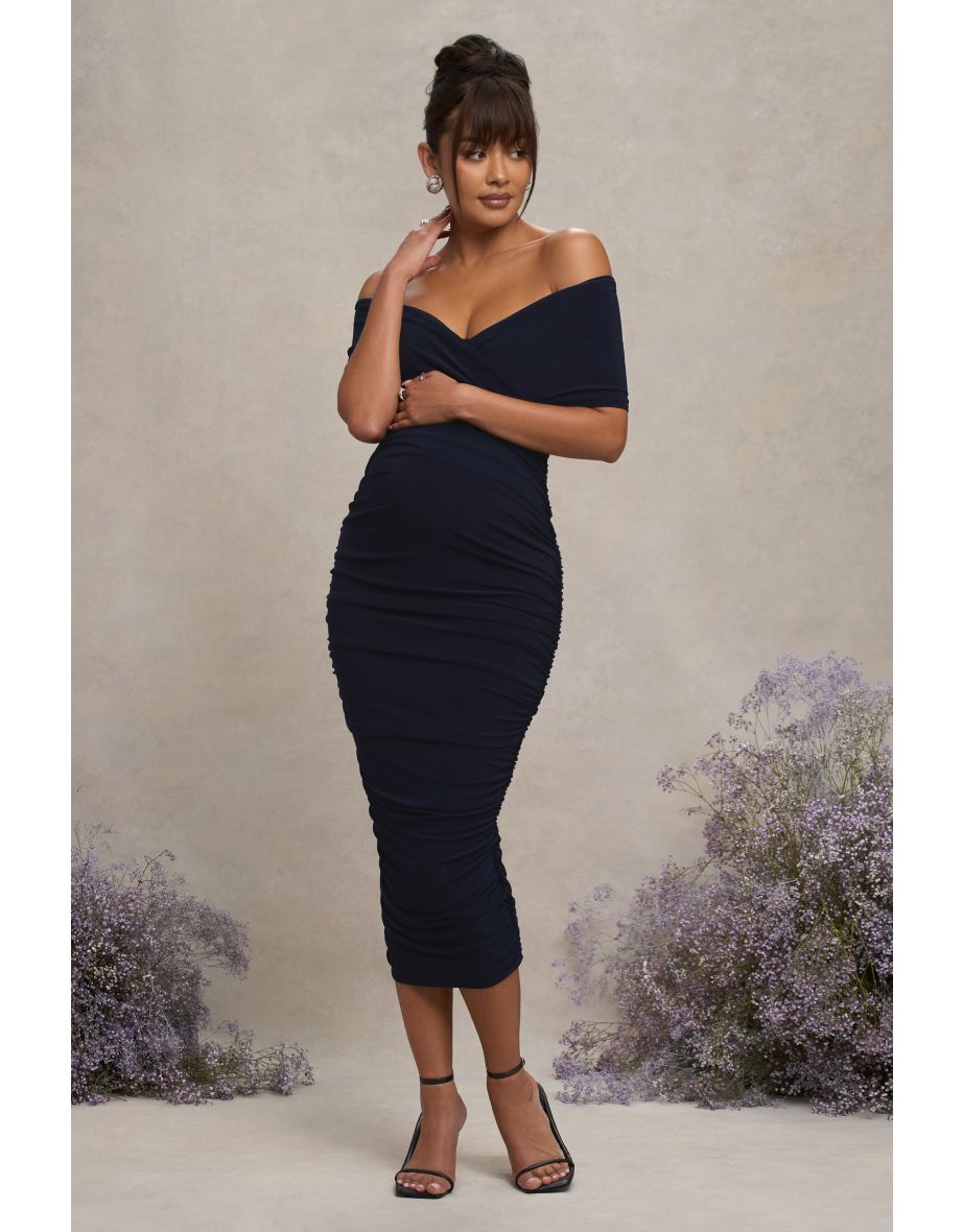 Unwrapped | Navy Ruched Twist Bardot Maternity Dress - 4
