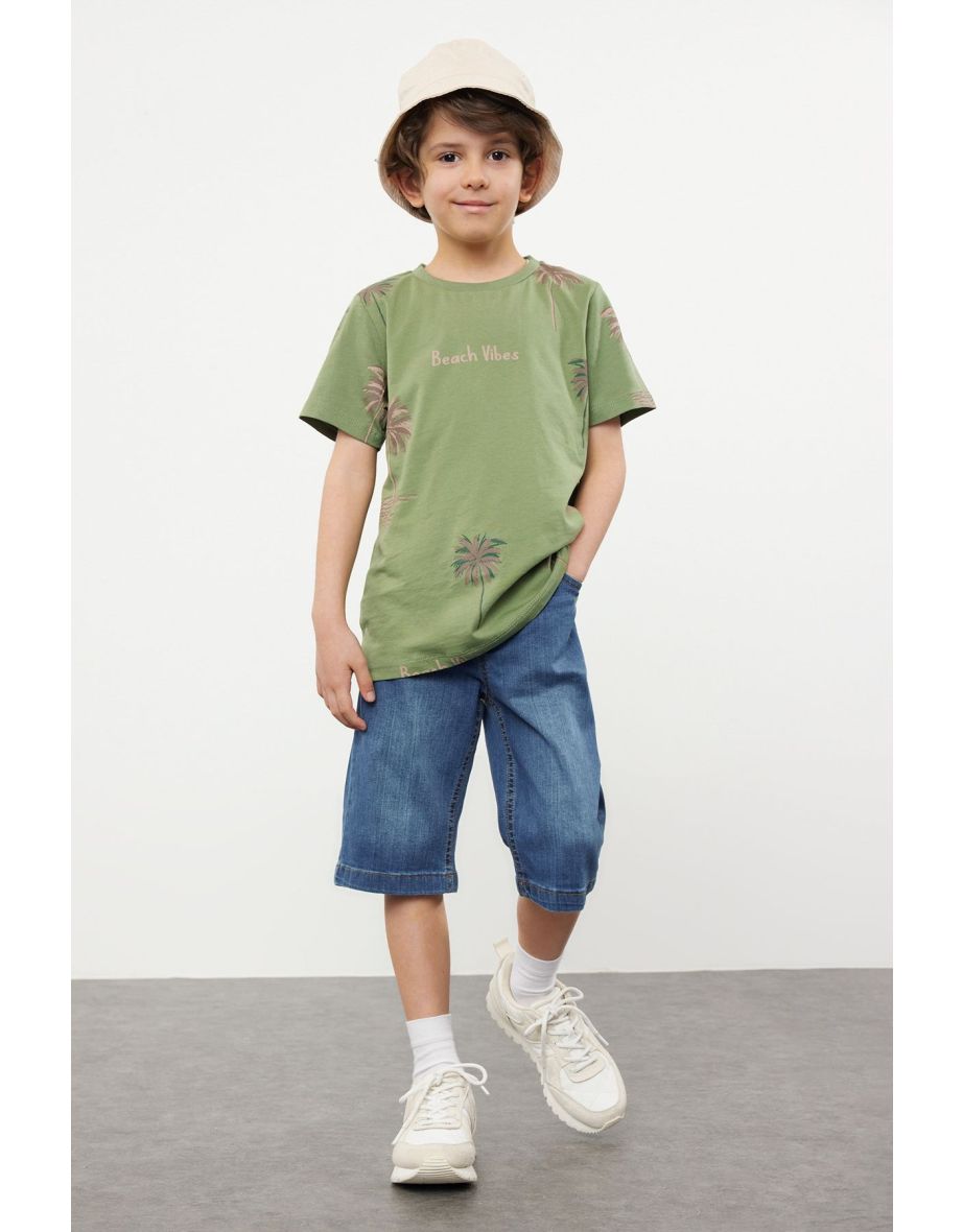 Khaki Boy Patterned Short Sleeve T-shirt-Jean Trousers Set Top-Bottom Suit