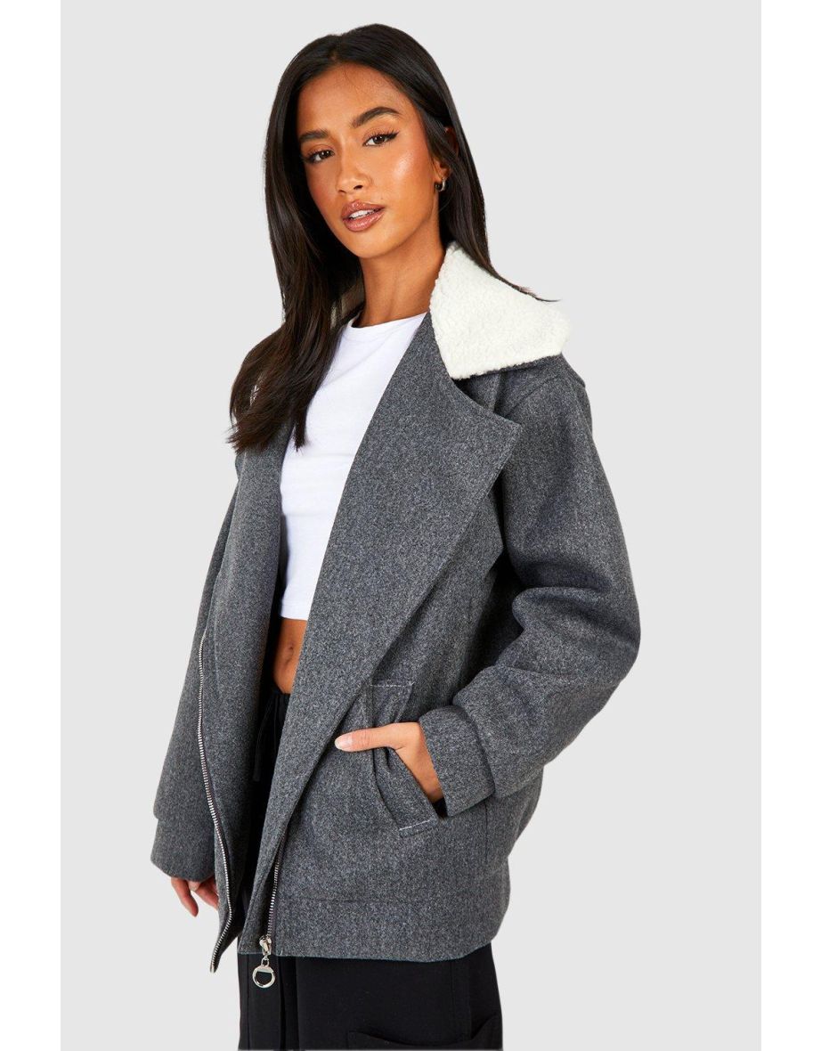 Petite Wool Look Aviator Jacket - grey - 3