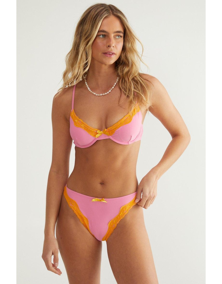 Contrast Lace Trim Underwire Bow Bikini Set